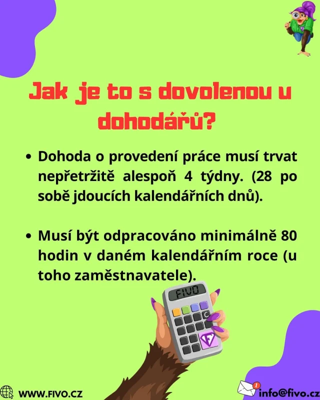 Jak je to teda s dovolenou u dohodářů? 🏖️
Ano, i brigádník na DPP nebo DPČ může mít nárok na dovolenou! 💪

Stačí splnit dvě podmínky:
✅ dohoda trvá aspoň 4 týdny v kuse
✅ odpracováno min. 80 hodin u jednoho zaměstnavatele

A pokud tohle sedí, nárok na dovolenou se počítá podle stejného principu jako u běžného zaměstnance – jen se používá tzv. fiktivní týdenní doba 20 h.
💡 Výsledek se počítá poměrně podle počtu odpracovaných týdnů a výměry dovolené (např. 4 nebo 5 týdnů).

Takže žádné „na dohodu není nárok“ už dávno neplatí 😉

#ucetnictvi #fivo #mzdy #personalistika #dpč #dpp #dovolena #brigada #dohoda #ucetni #ucetnifirmapraha #fialovaopice #fivocz
