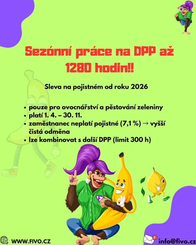 Novinka 2026: Brigáda na jahody, jabka, cibulku a spol. už nebude „za pár kaček“.
Sezónní DPP může trvat až 1280 hodin a vzniká sleva na pojistném = víc peněz domů.
Prostě: méně papírování, víc třešní v košíku.

Platí jen pro farmáře, co fakt pěstují ovoce/zeleninu.
Ne, sklizeň influencerů se nepočítá.

Výsledek:
Lidi si řeknou „jo, tohle dává smysl“ a nejdou radši dělat latté.

#brigada #sezona #ovoce #zelenina #dohodaoprovedeniprace #ucetnictvi #mzdy #pracovnepravo #fivo #fivopomaha #slevanapojistnem #jahodynepockaji
