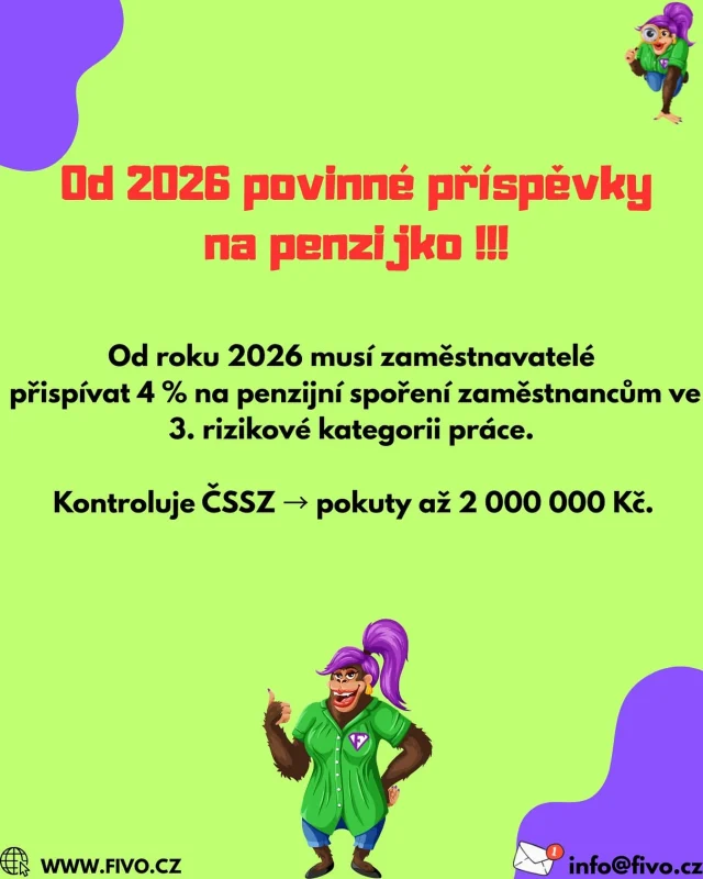 Od 2026 se rozjíždí penzijko povinně pro rizikové profese.
A sociálka to fakt půjde kontrolovat 😄
Pokuty až 2 mega = radši to mít v cajku.

Co zkontrolovat:
– Jestli máte lidi ve 3. rizikové kategorii
– Jestli vědí, že si o příspěvek musí požádat
– A že vedete evidenci směn

Chcete to projít společně? Ozvěte se 💛🐒 #ucetnictvi #mzdovaucetni #FIVO #personalistika #zamestnavatel #penzijko
