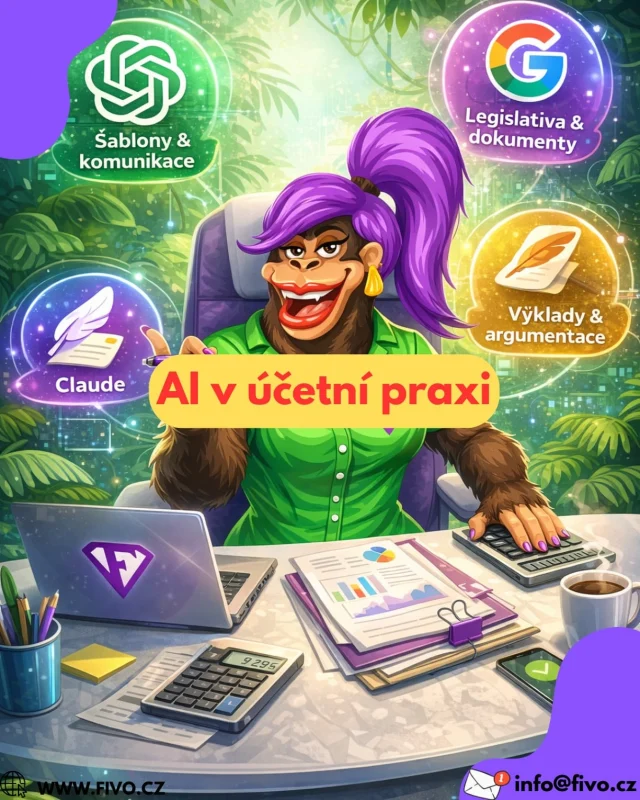 V FIVO nevěříme na zázraky na jedno kliknutí.
Věříme na digitální tým, kde má každý nástroj svou superschopnost.

ChatGPT píše, Gemini hledá, Claude vysvětluje a OCR čte faktury.
A vy? Vy konečně přestáváte hasit chaos a máte víc času na podnikání.

AI není náhrada za účetní.
Je to nejlepší kolega, kterého jste kdy měli.

👉 Náš subjektivní pohled a praktické zkušenosti si můžete přečíst v článku na našem webu.
A pokud máte vlastní tipy nebo vychytávky z praxe, budeme rádi, když se o ně s námi podělíte – rádi se taky přiučíme. 💜