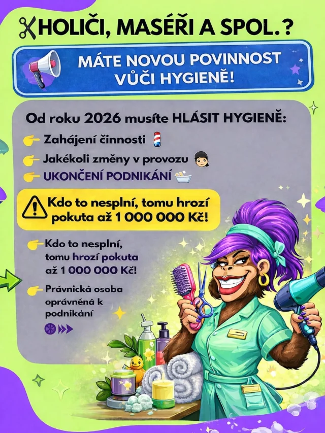 ✂️ Holiči, maséři, kosmetičky – pozor na novou povinnost od roku 2026!

Od letoška musíte hygieně hlásit nejen zahájení činnosti, ale i každou změnu a dokonce i ukončení podnikání.

Co je nově povinné hlásit?
👉 zahájení činnosti
👉 změny v předmětu nebo rozsahu podnikání
👉 ukončení provozu

❗ Kdo to nesplní, riskuje pokutu až 1 000 000 Kč.

Dobrá zpráva:
Provozní řád už nemusíte dávat hygieně ke schválení předem –
špatná zpráva: kontrola vás může čekat kdykoliv. 

#hygiena #sluzby #podnikani #ucetnictvi #fivoradi