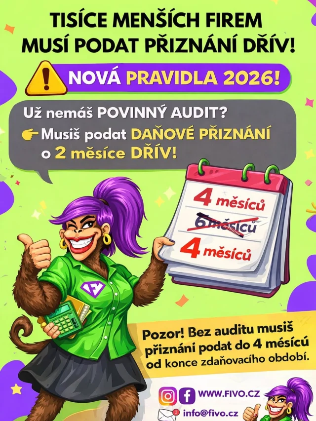 ❗ Nemáš už povinný audit? Tak pozor – přiznání podáváš dřív!

Od roku 2026 spousta menších firem nově nemusí mít audit…
ale málokdo ví, že tím zároveň přichází o 6měsíční lhůtu na daňové přiznání.

👉 Bez auditu musíš podat DPPO už do 4 měsíců od konce zdaňovacího období.
👉 Šestiměsíční termín zůstává jen při využití daňového poradce.

A přesně tady nejčastěji vznikají průšvihy. Firma si myslí, že má čas – a najednou je po termínu.

📩 Nevíš, do které kategorie spadáš?
Napiš FIVO a spočítáme ti to dřív, než ti přijde pokuta.

#fivo #fivoucetnictvi #audit2026 #danovepriznani #dpfo dppo