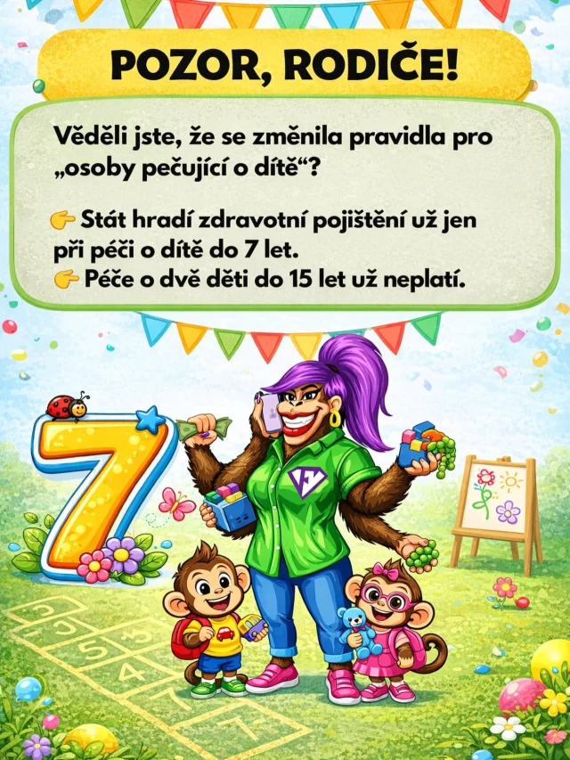 Pozor, rodiče – změna, která vás může stát peníze.

Od letoška platí nová pravidla pro tzv. osoby pečující o dítě a spousta lidí o nich vůbec neví.

Stát už hradí zdravotní pojištění pouze při péči o dítě do 7 let.
Dřívější výhoda „péče o dvě děti do 15 let“ už neplatí.

Co to znamená v praxi?
	•	Pokud pečujete o dítě starší 7 let a nemáte zaměstnání ani podnikání,
➝ musíte si zdravotní pojištění platit sami.
	•	Pokud to neohlásíte včas, může vám vzniknout dluh a penále u pojišťovny.